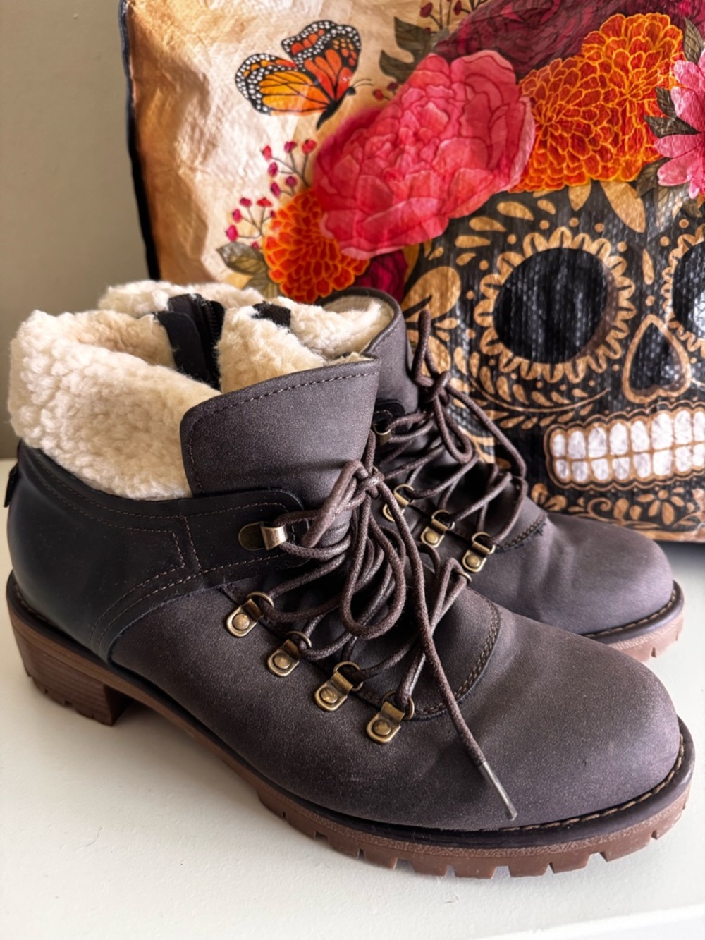 Sporto Brown Faux Shearling Lace-Up Winter Ankle Boots